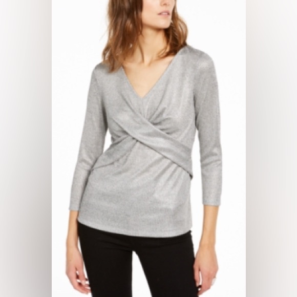 Inc International Concepts XS Silver/Gray Metallic Twist Front 3/4 Sleeve Blouse - Picture 1 of 10